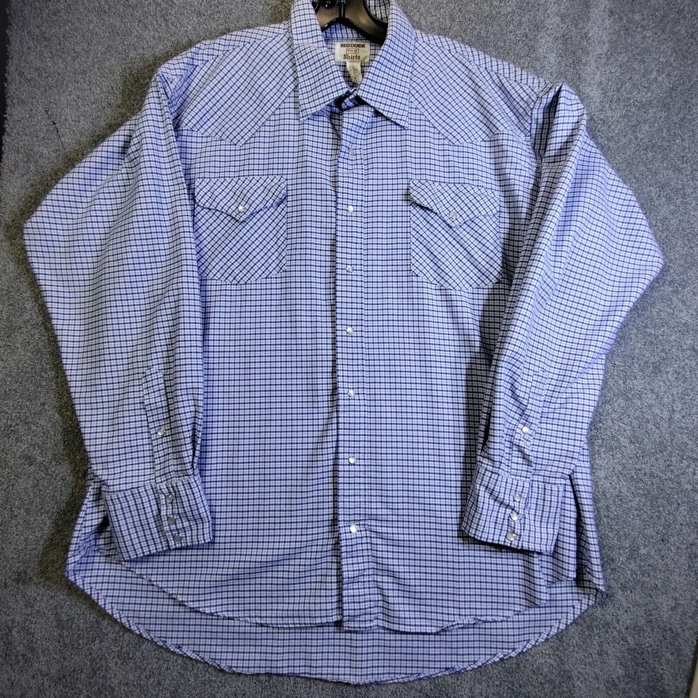 Ruddock Mens Blue Checker Pearl Snap Shirt 18.5 36 Long Tail Western USA Vintage